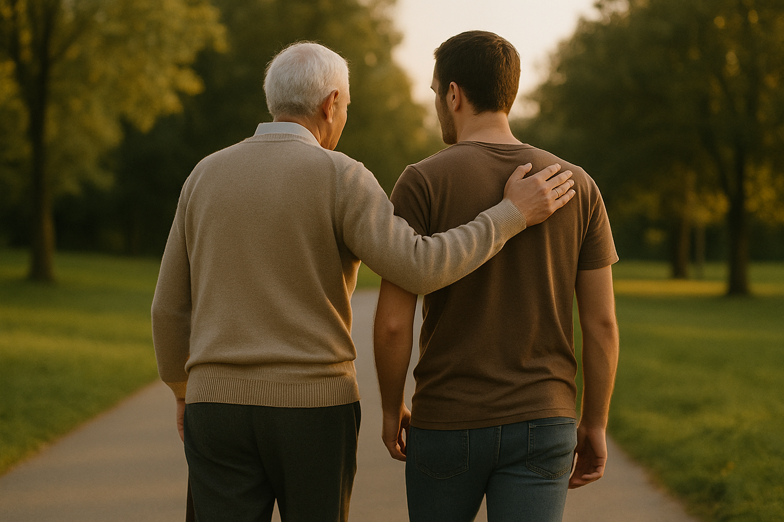 Padre anciano paseando por un parque acompañado de su hijo, ya adulto. El padre le pone una mano en el hombro